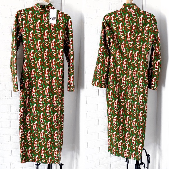 π ZARA GREEN ABSTRACT PRINT FLORAL MOCK NECK SLIT MAXI DRESS! - Picture 7 of 12